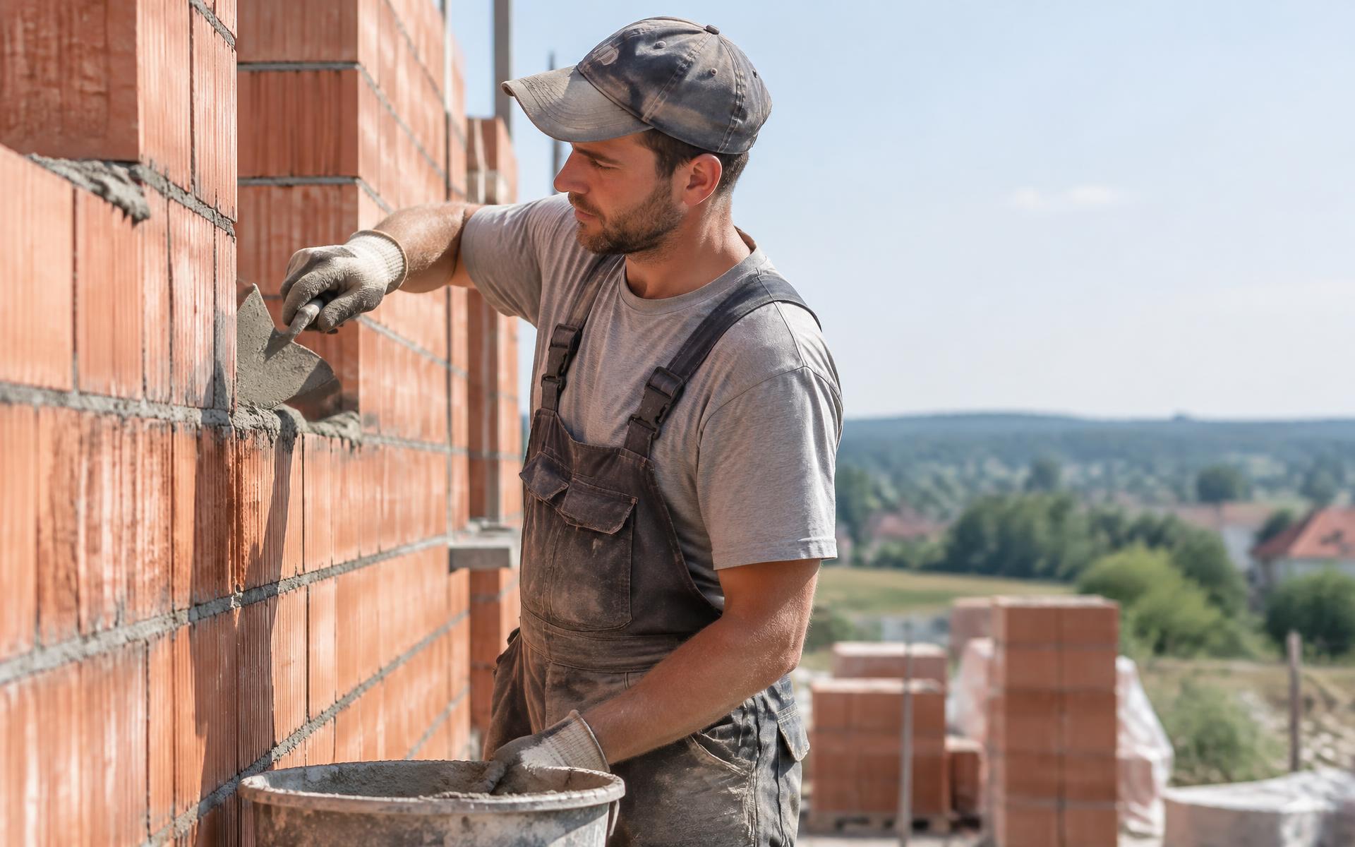 Zedník nanáší maltu na cihelnou stěnu rozestavěného rodinného domu